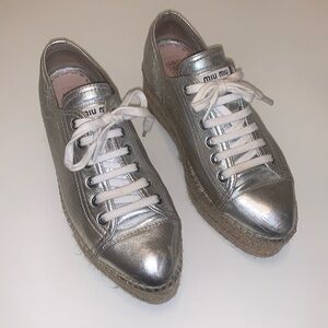 MIU MIU Silver Platform Espadrilles
